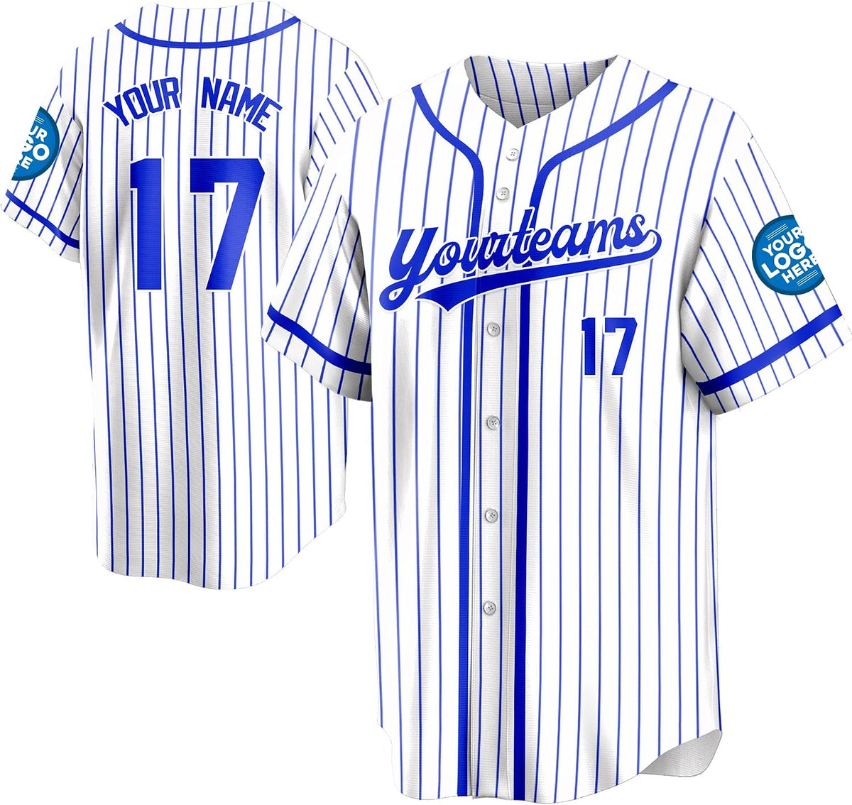 Custom White and Blue Pinstripe Baseball Jersey with Name and Number