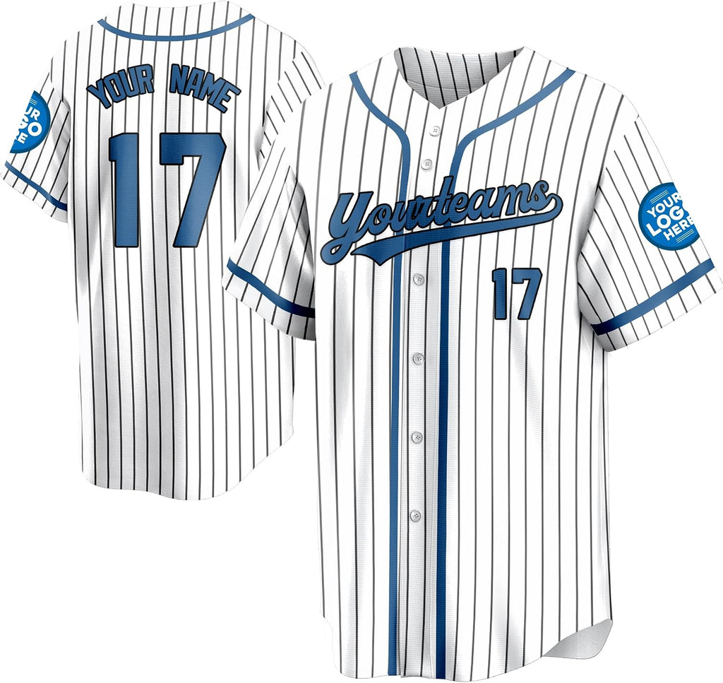 Custom White Pinstripe Baseball Jersey with Royal Blue Trim and Player Name