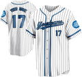 Custom White Pinstripe Baseball Jersey with Royal Blue Trim and Player Name