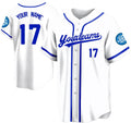 Custom White Baseball Jersey with Royal Blue Piping and Lettering