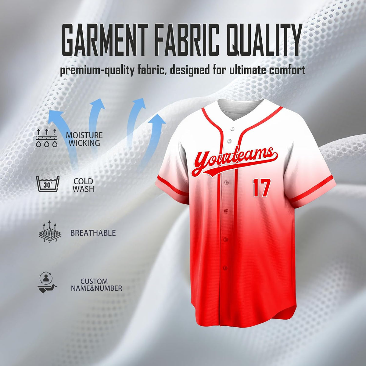 Custom White and Red Gradient Baseball Jersey with Red Piping
