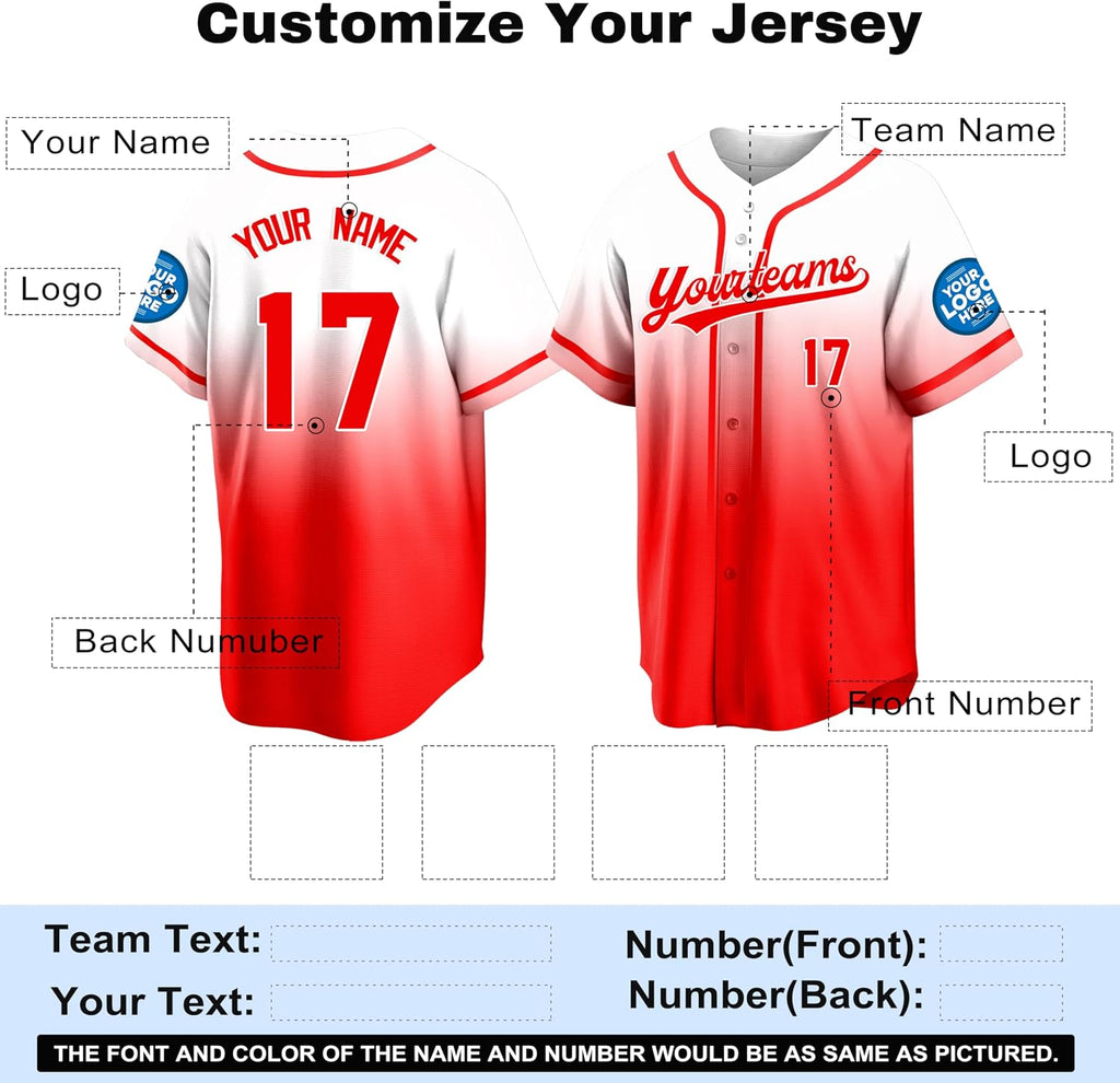 Custom White and Red Gradient Baseball Jersey with Red Piping