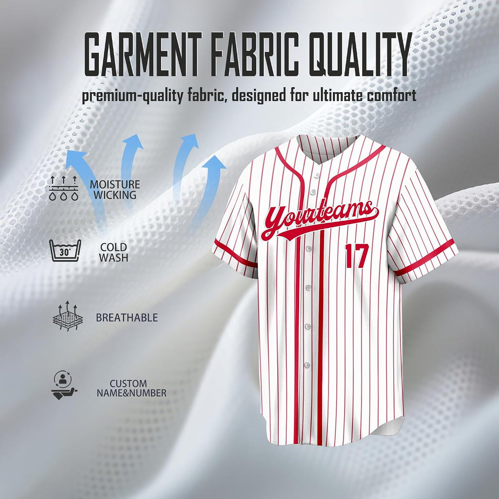 Custom White and Red Pinstripe Baseball Jersey