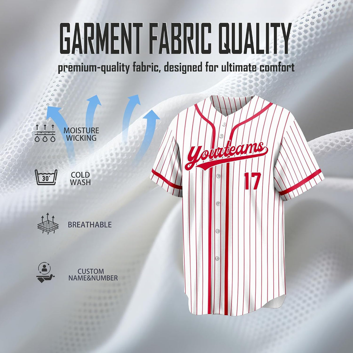 Custom White and Red Pinstripe Baseball Jersey