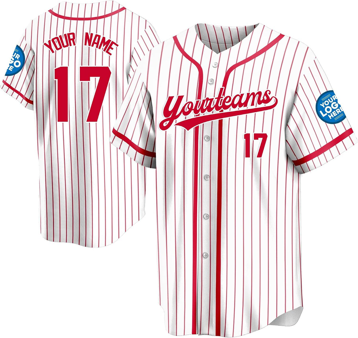 Custom White and Red Pinstripe Baseball Jersey