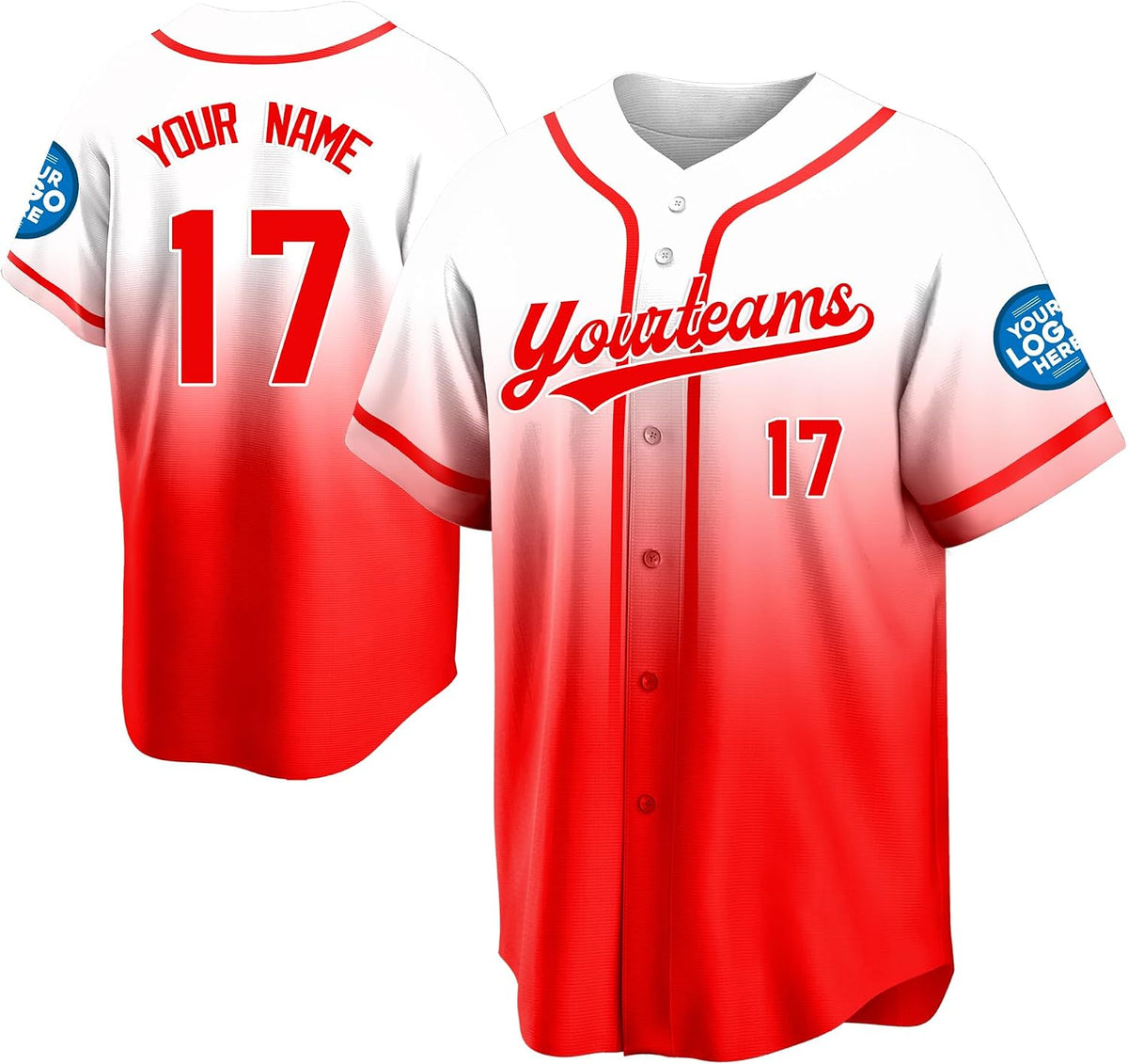 Custom White and Red Gradient Baseball Jersey with Red Piping