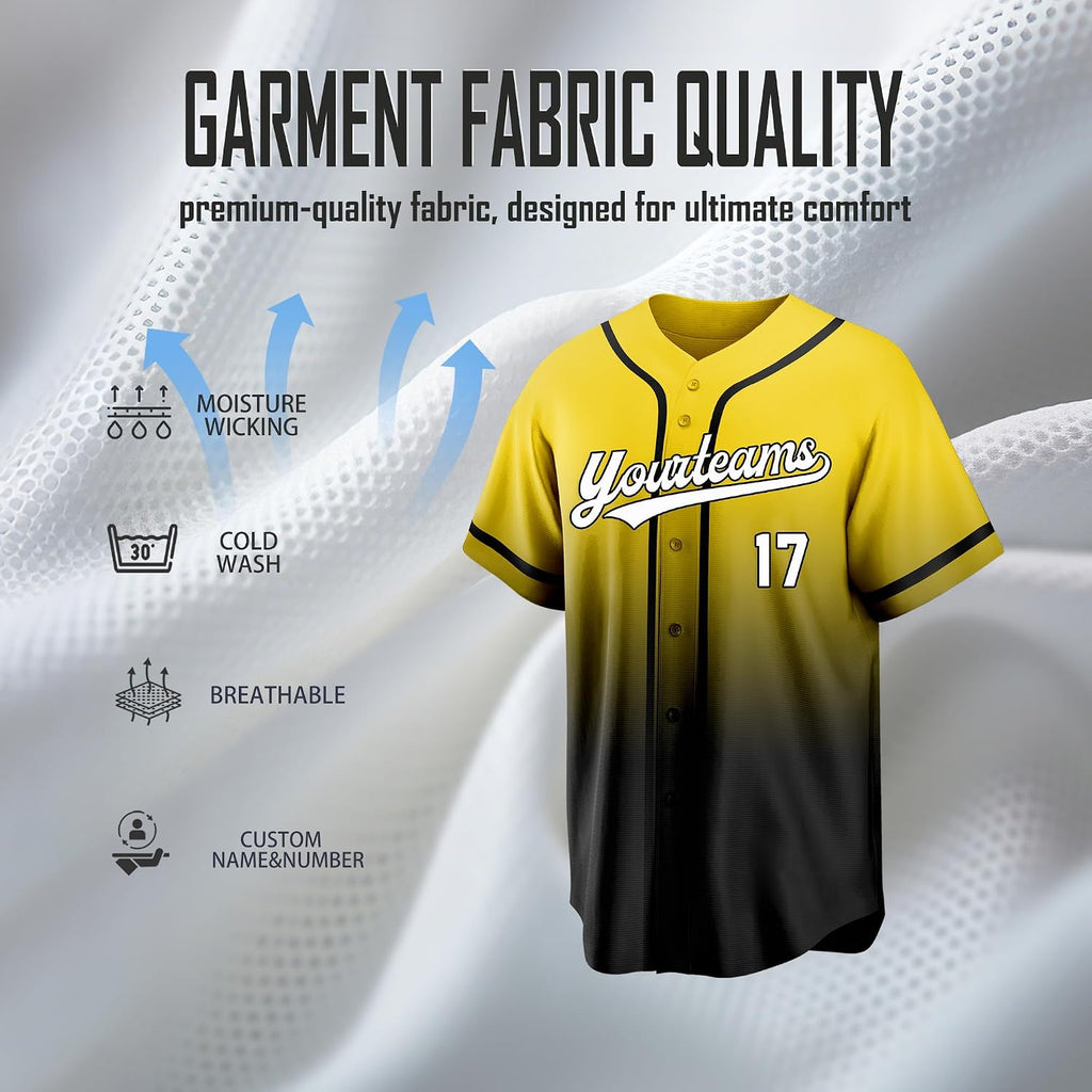 Custom Yellow and Black Gradient Baseball Jersey with Name and Number