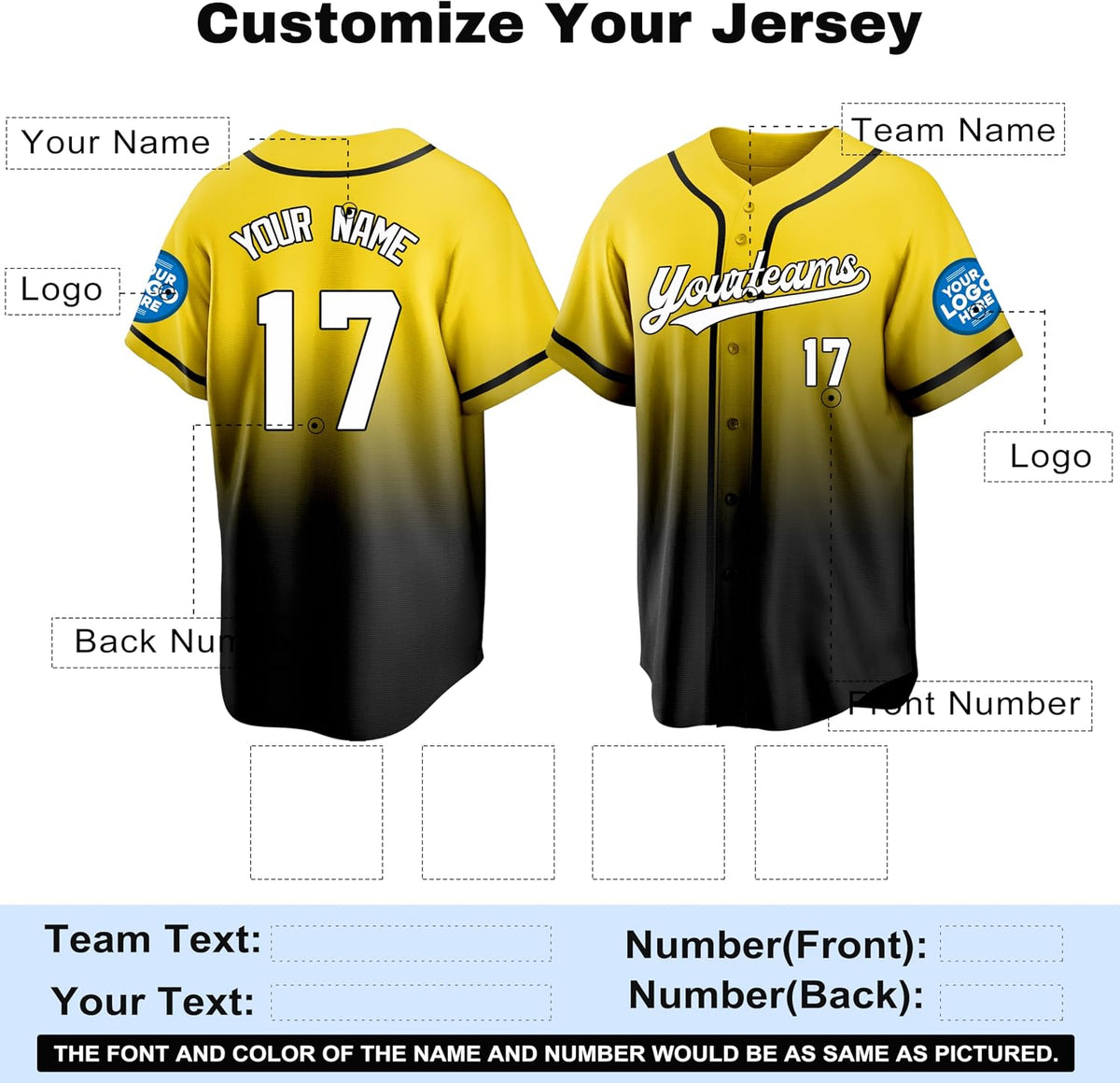 Custom Yellow and Black Gradient Baseball Jersey with Name and Number