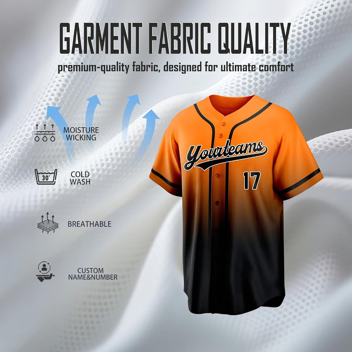 Custom Orange to Black Gradient Baseball Jersey with Name and Number