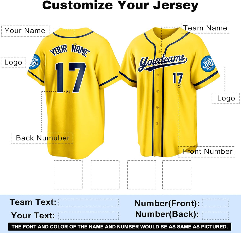 Custom Yellow Baseball Jersey with Navy Piping and Name and Number