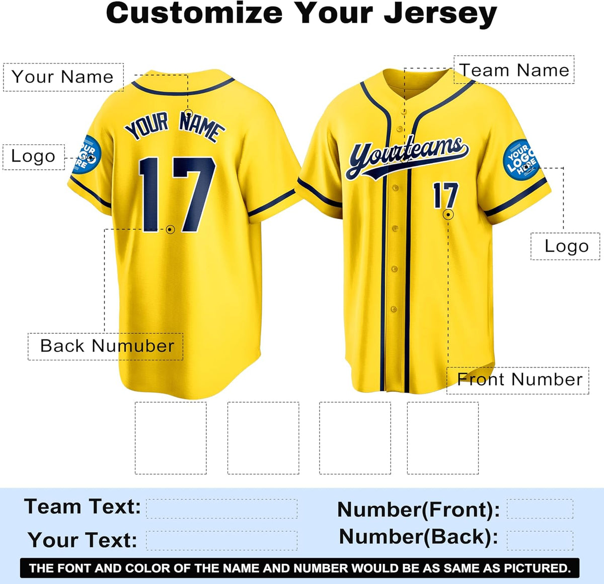 Custom Yellow Baseball Jersey with Navy Piping and Name and Number