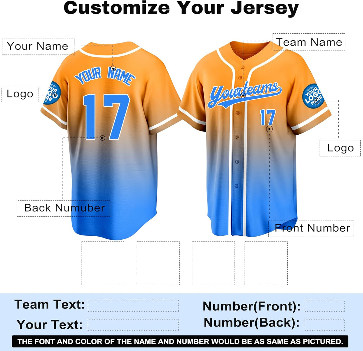 Custom Orange to Blue Gradient Baseball Jersey with Name and Number