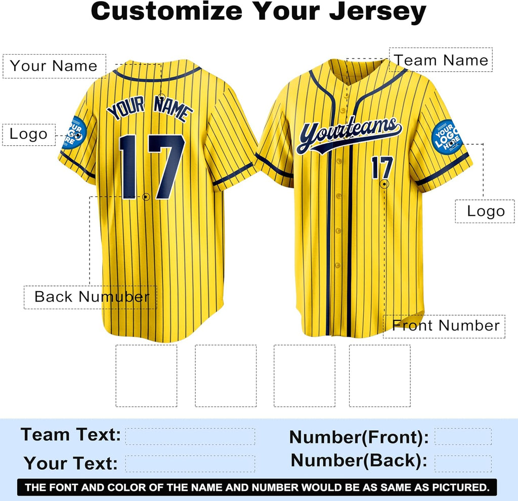 Custom Yellow Pinstripe Baseball Jersey with Navy Trim and Name and Number