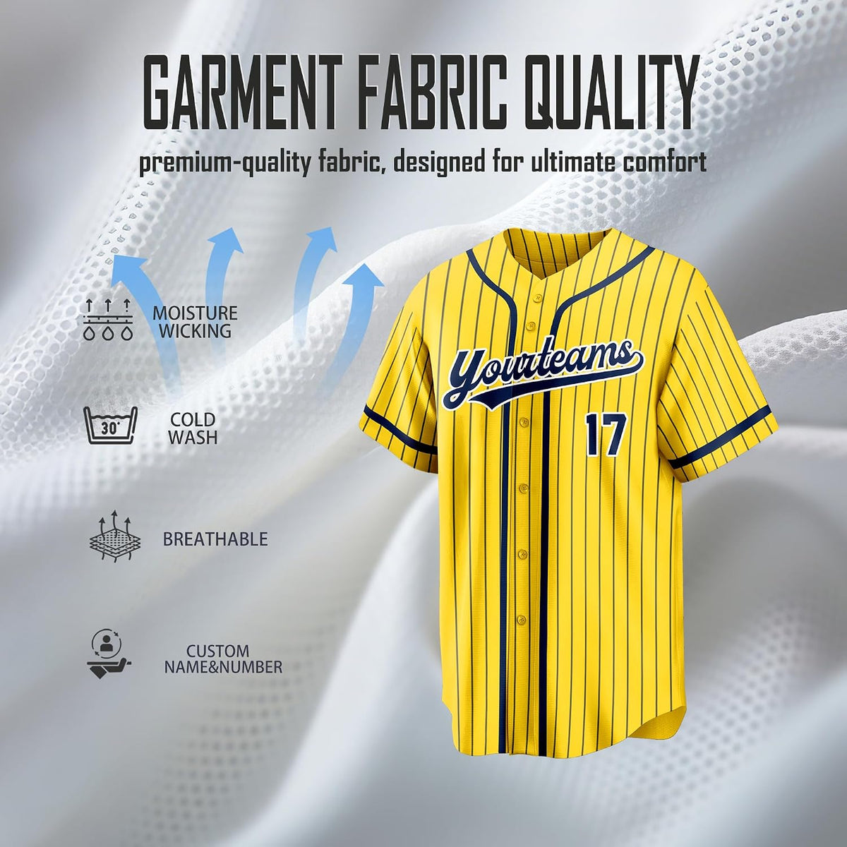Custom Yellow Pinstripe Baseball Jersey with Navy Trim and Name and Number