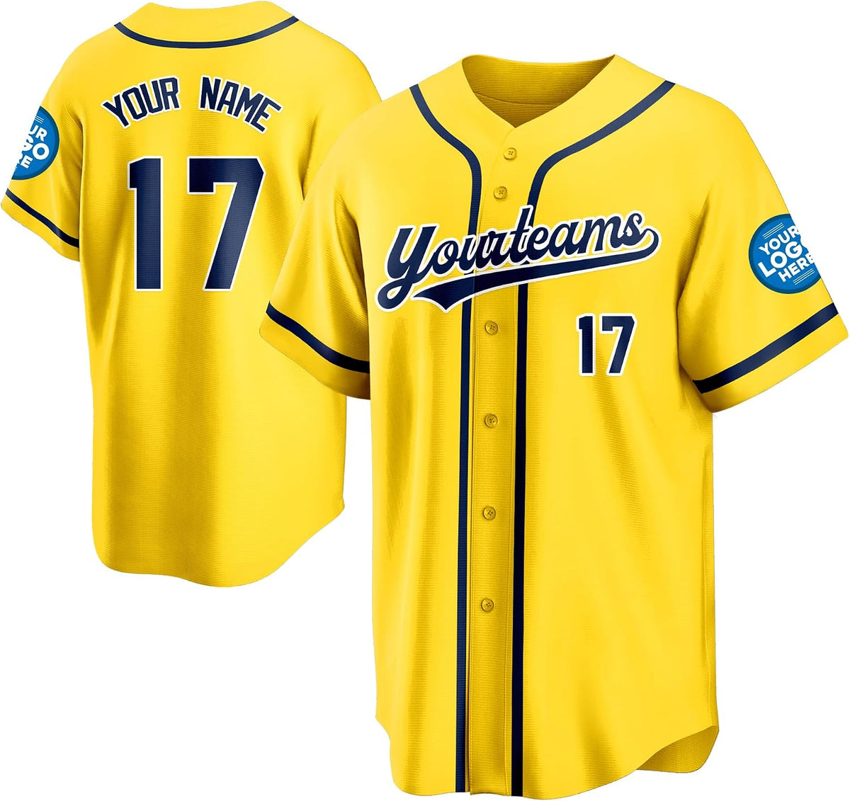 Custom Yellow Baseball Jersey with Navy Piping and Name and Number