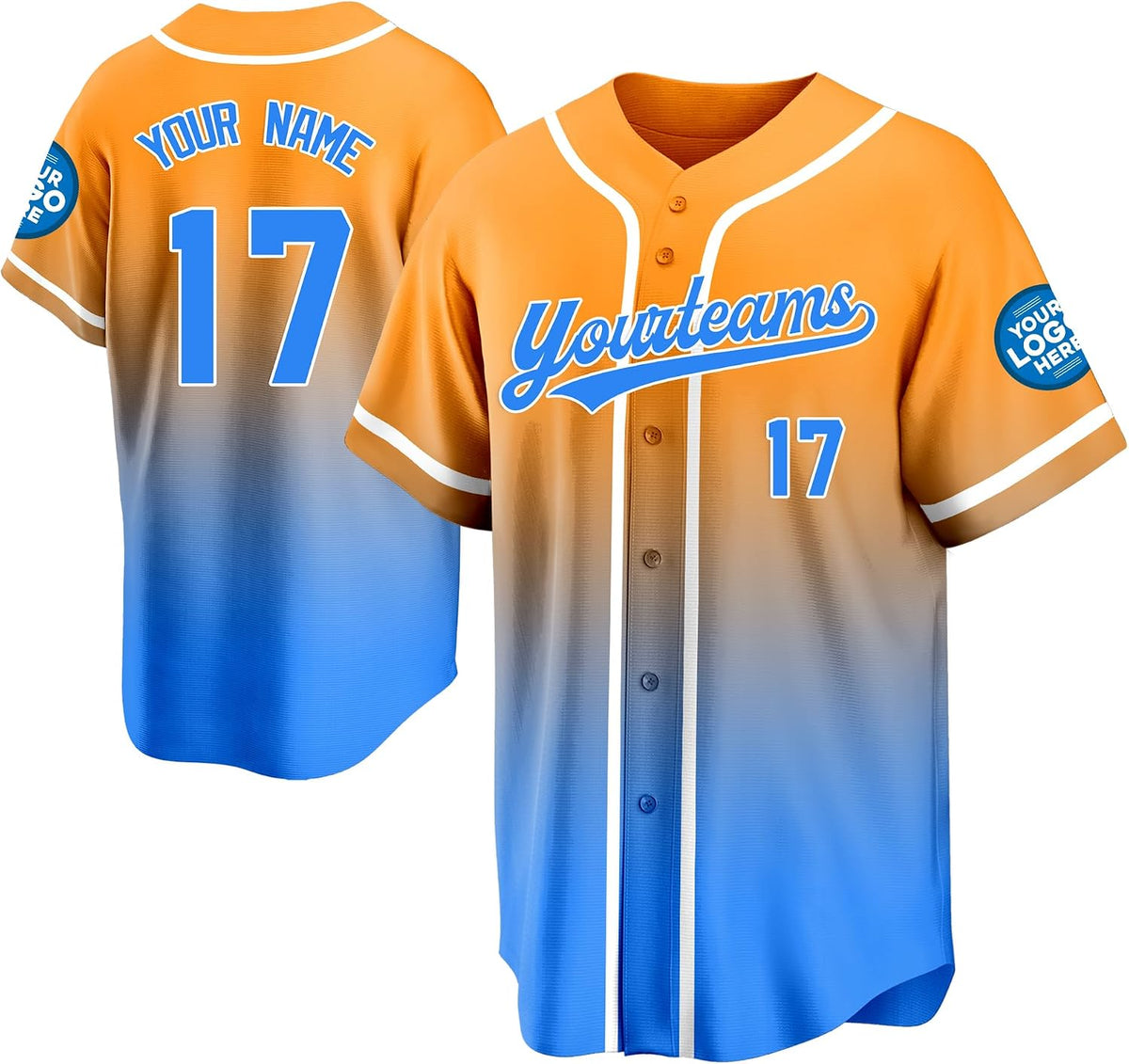 Custom Orange to Blue Gradient Baseball Jersey with Name and Number