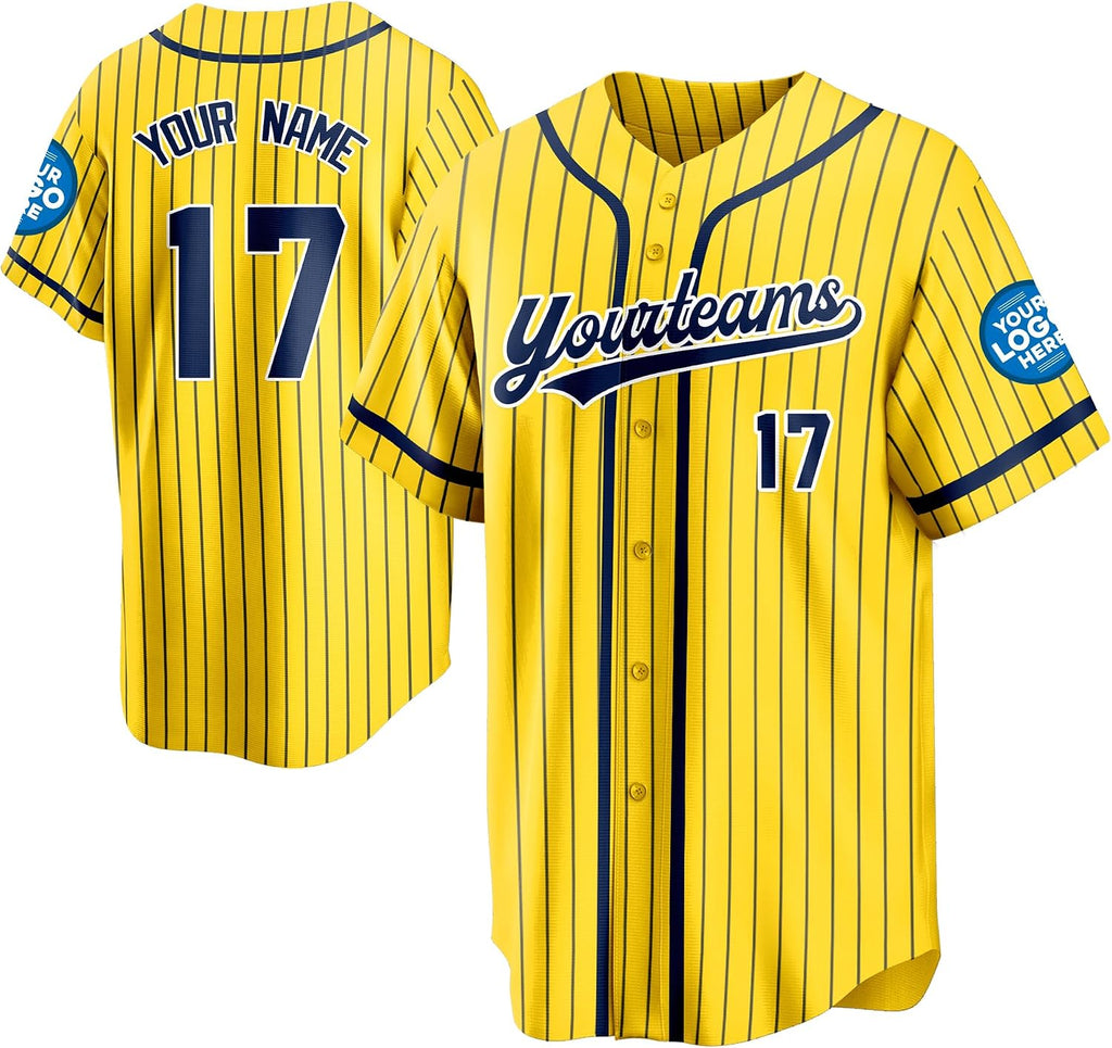 Custom Yellow Pinstripe Baseball Jersey with Navy Trim and Name and Number