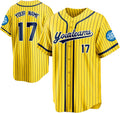 Custom Yellow Pinstripe Baseball Jersey with Navy Trim and Name and Number