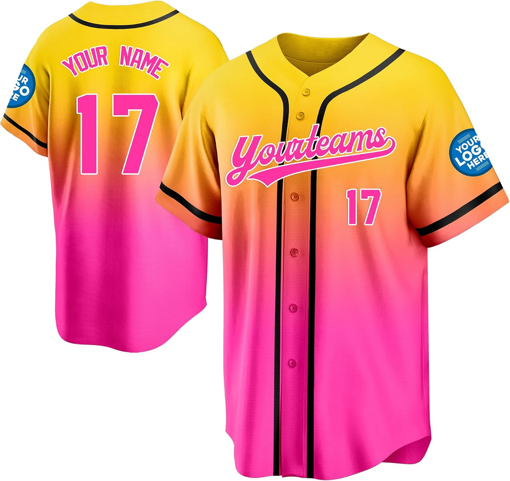Custom Yellow and Pink Gradient Baseball Jersey with Black Piping