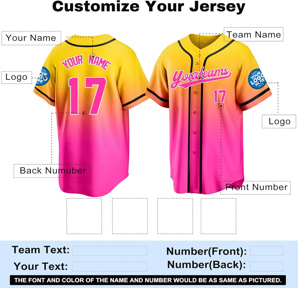 Custom Yellow and Pink Gradient Baseball Jersey with Black Piping
