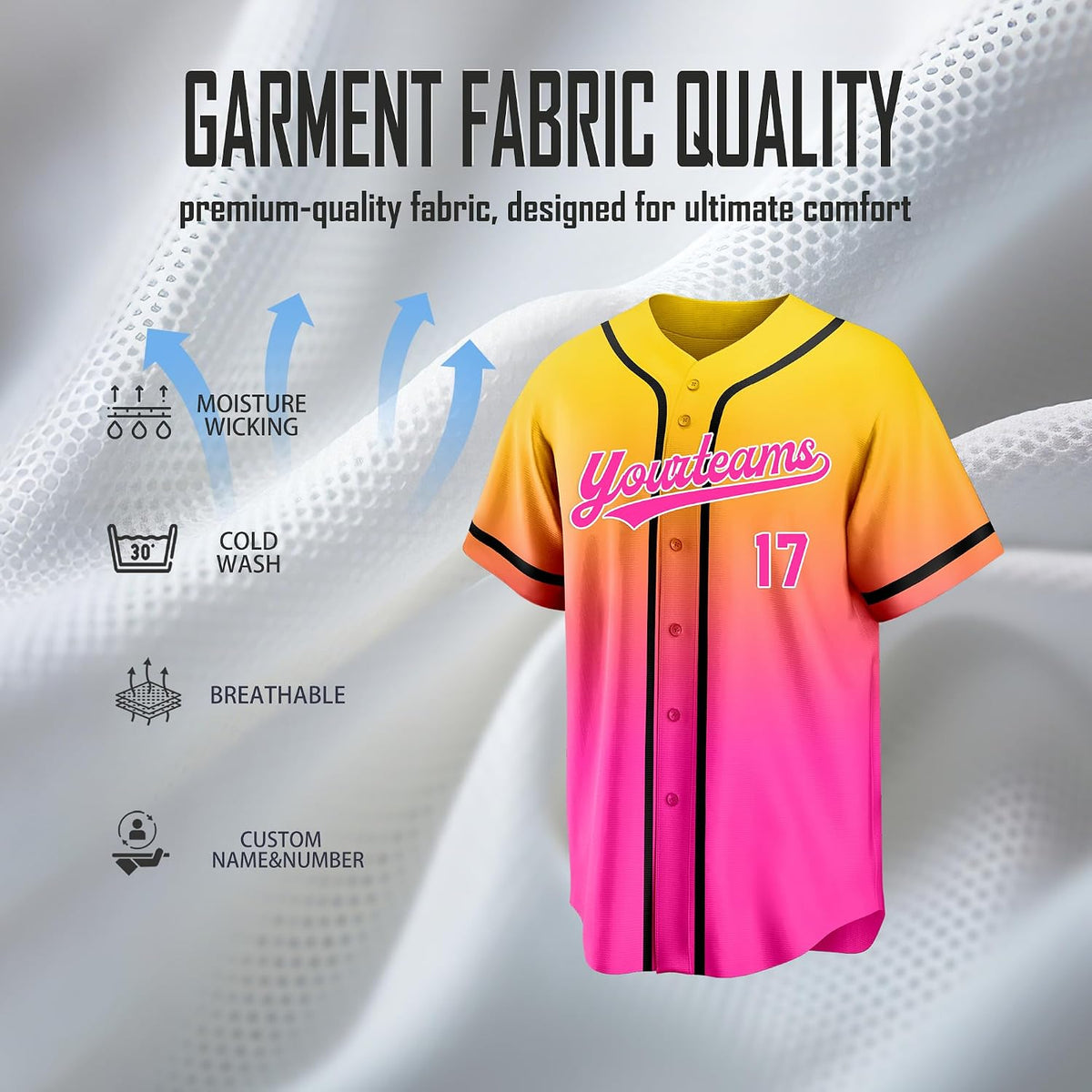 Custom Yellow and Pink Gradient Baseball Jersey with Black Piping