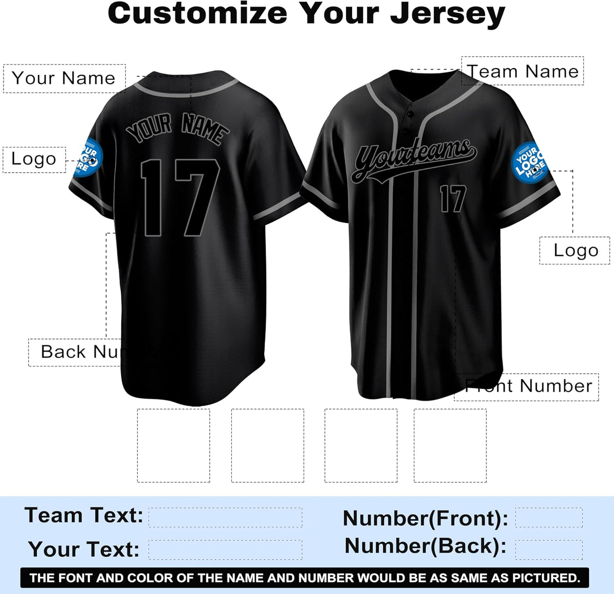 Custom Black Baseball Jersey with Gray Piping