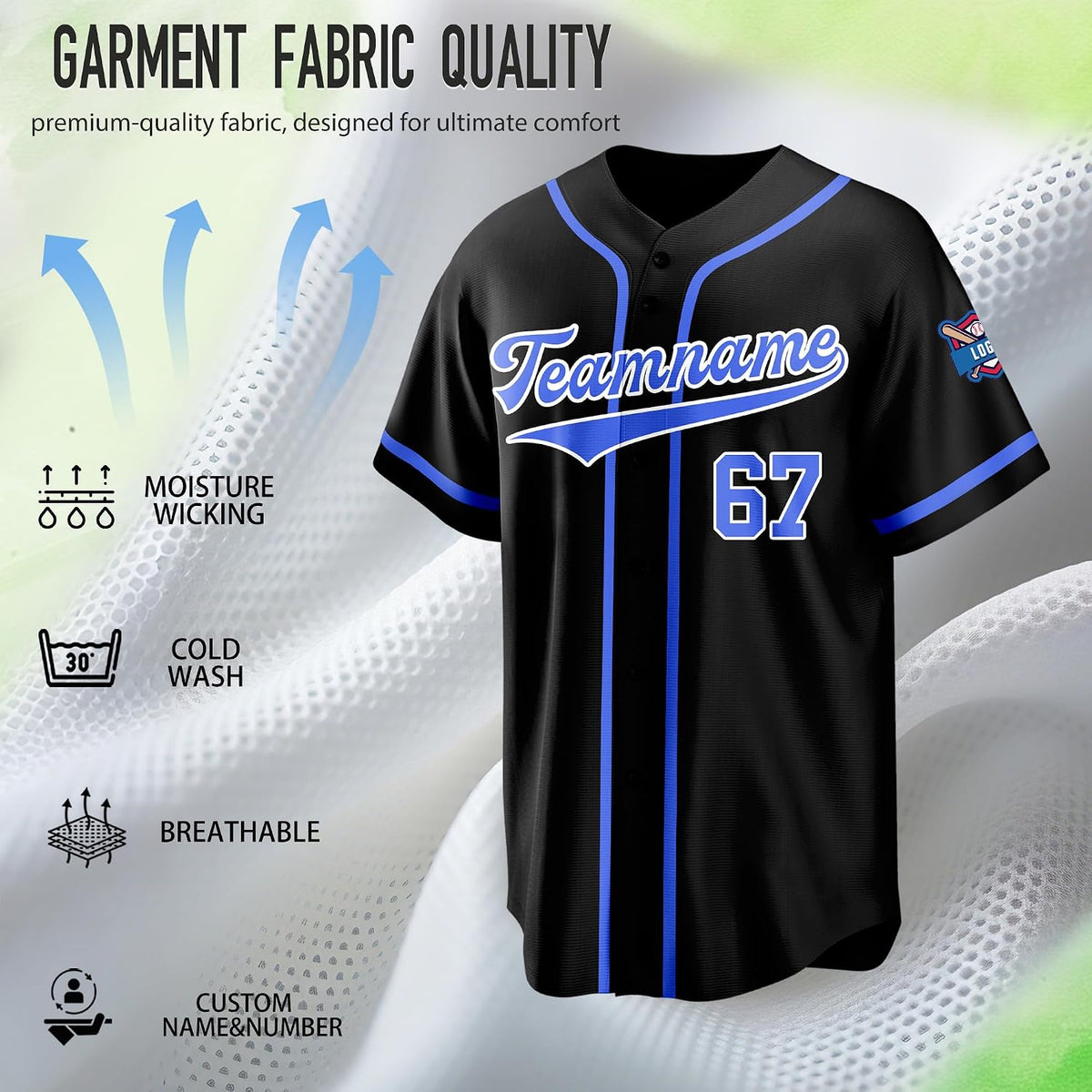 Custom Black Baseball Jersey with Blue Piping