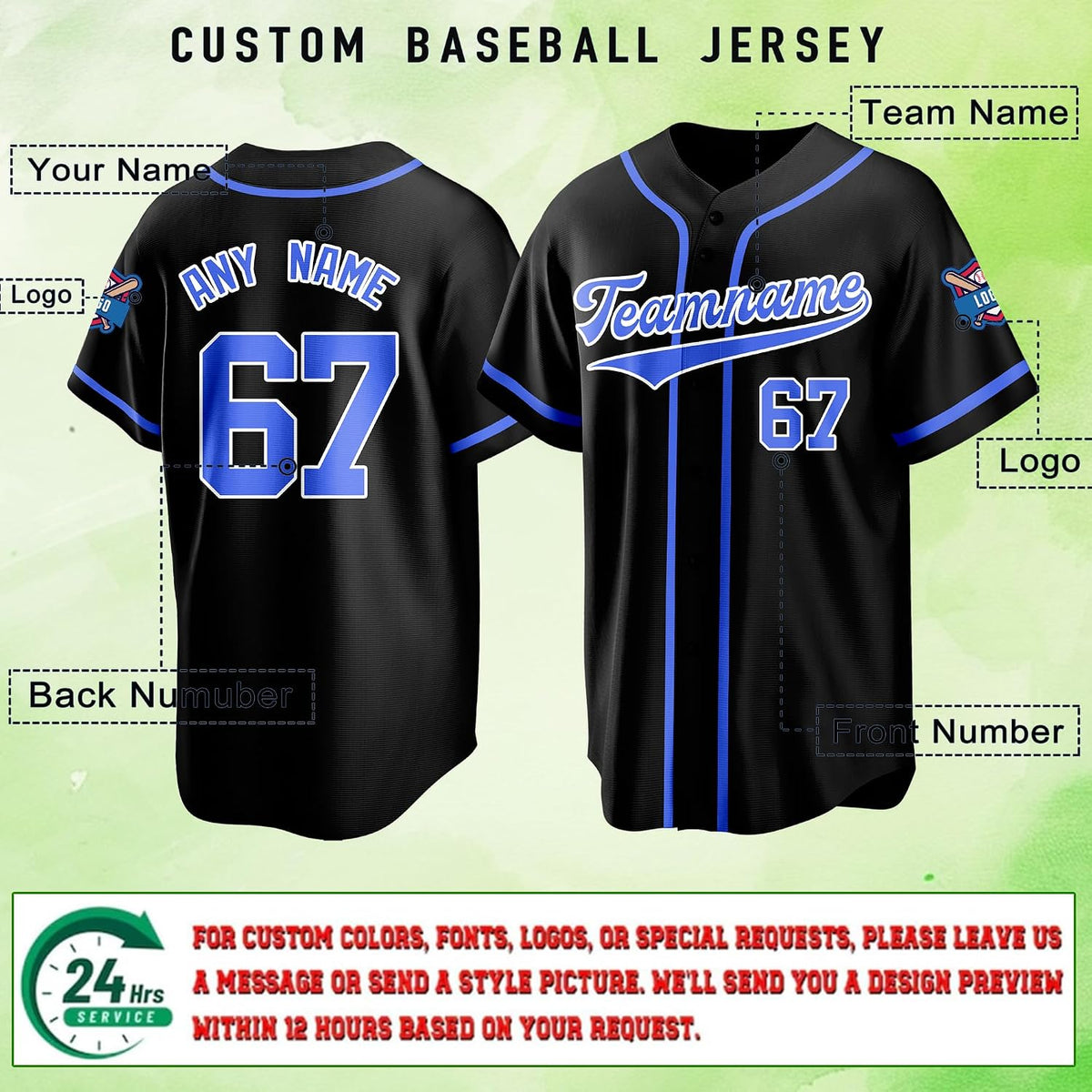 Custom Black Baseball Jersey with Blue Piping