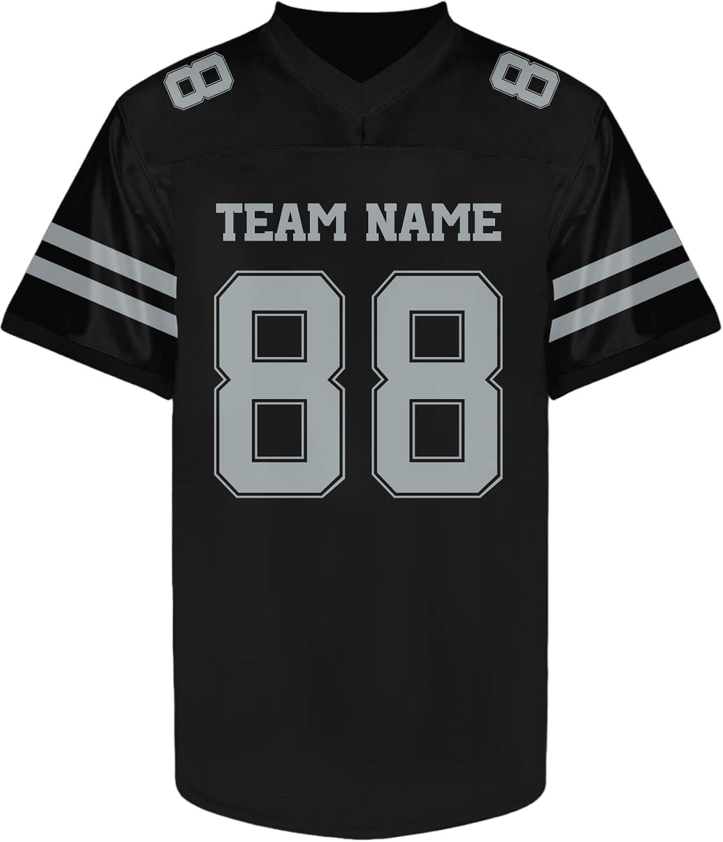 Custom Black Football Jersey with Gray Double Sleeve Stripes