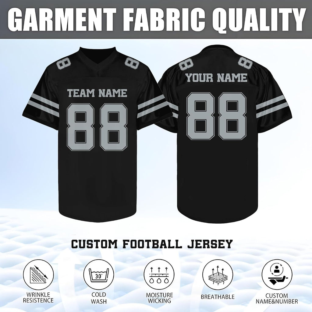 Custom Black Football Jersey with Gray Double Sleeve Stripes