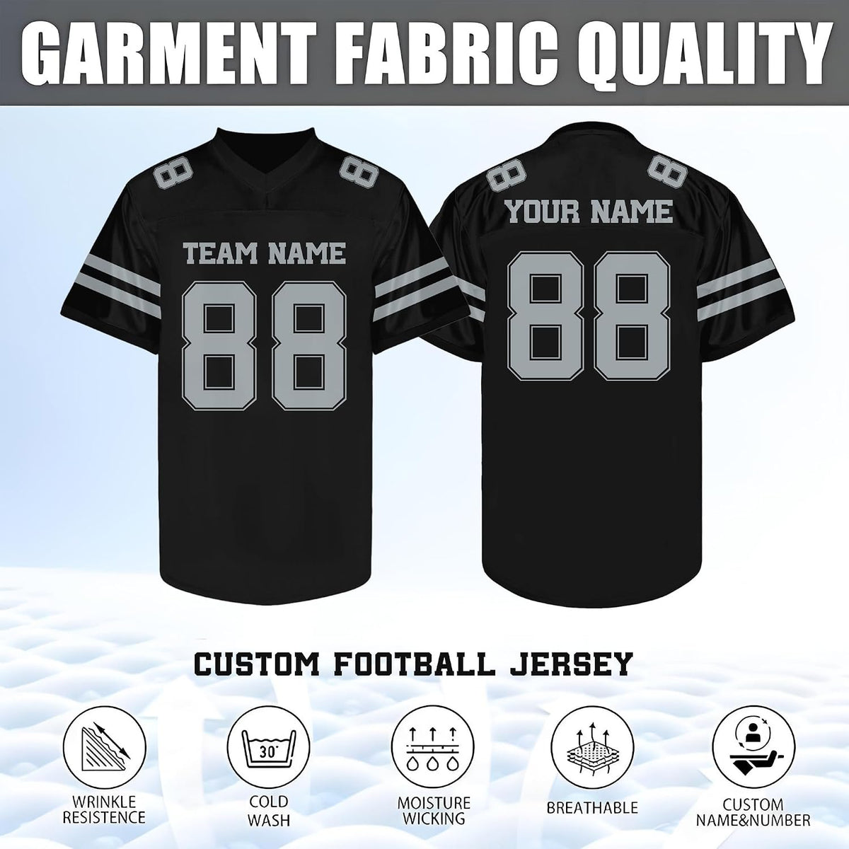 Custom Black Football Jersey with Gray Double Sleeve Stripes