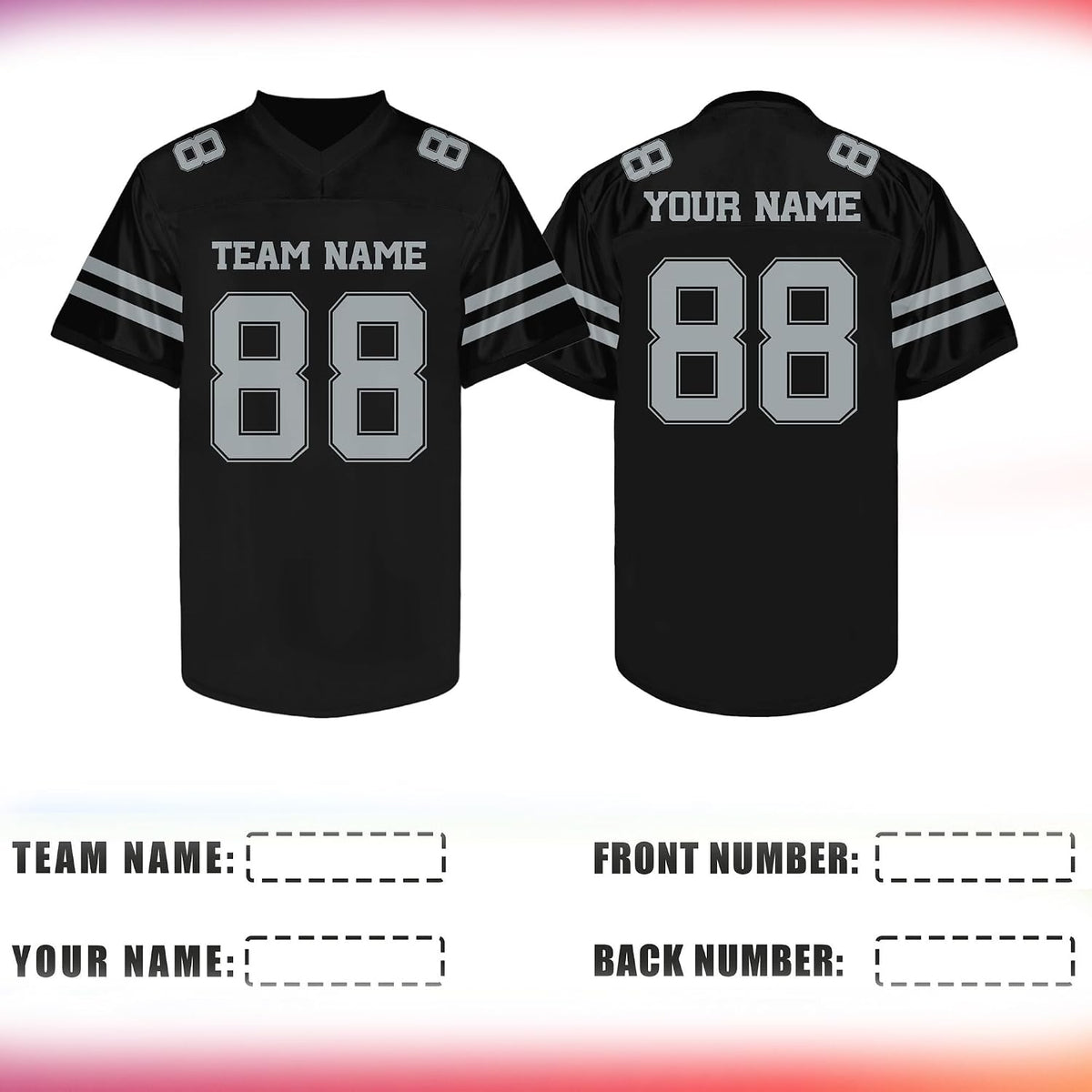 Custom Black Football Jersey with Gray Double Sleeve Stripes