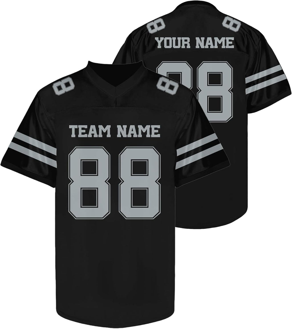Custom Black Football Jersey with Gray Double Sleeve Stripes