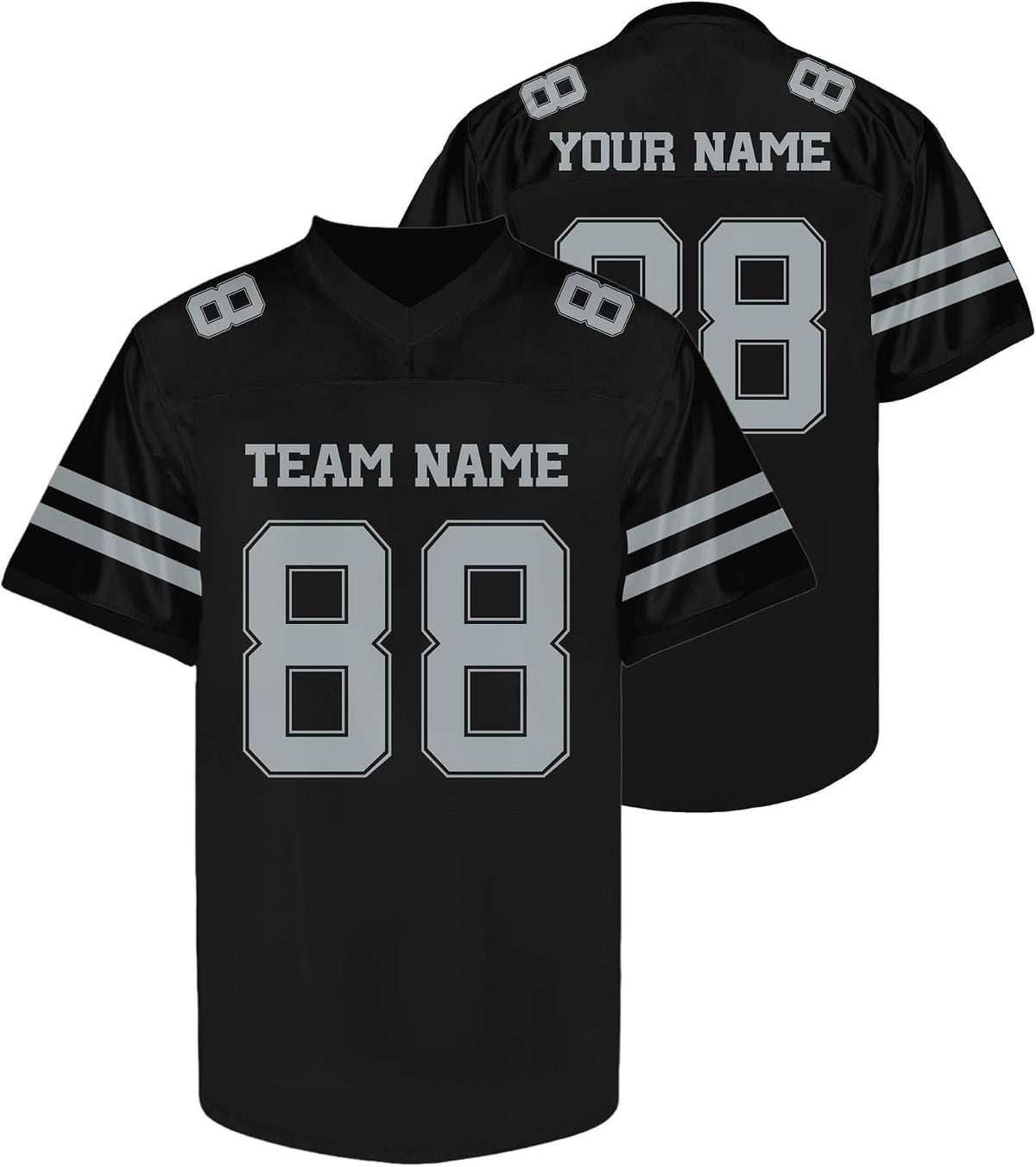 Custom Black Football Jersey with Gray Double Sleeve Stripes