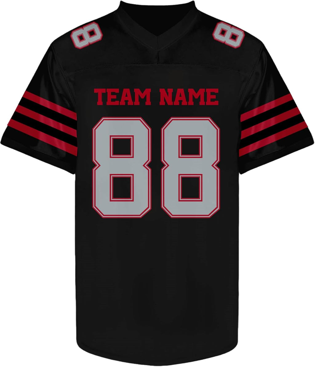 Custom Black Football Jersey with Red and Gray Triple Sleeve Stripes