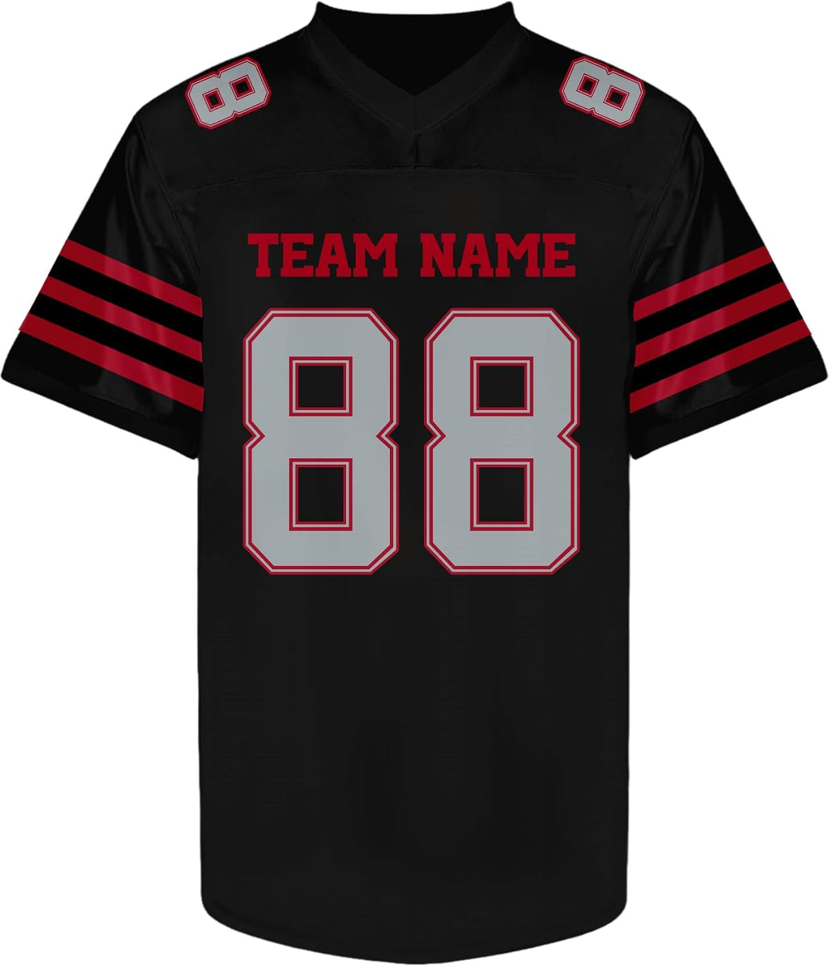 Custom Black Football Jersey with Red and Gray Triple Sleeve Stripes