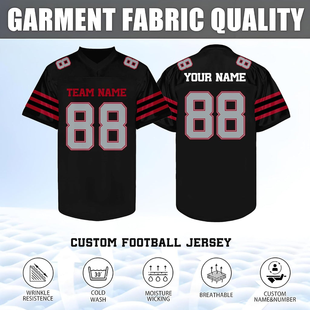 Custom Black Football Jersey with Red and Gray Triple Sleeve Stripes