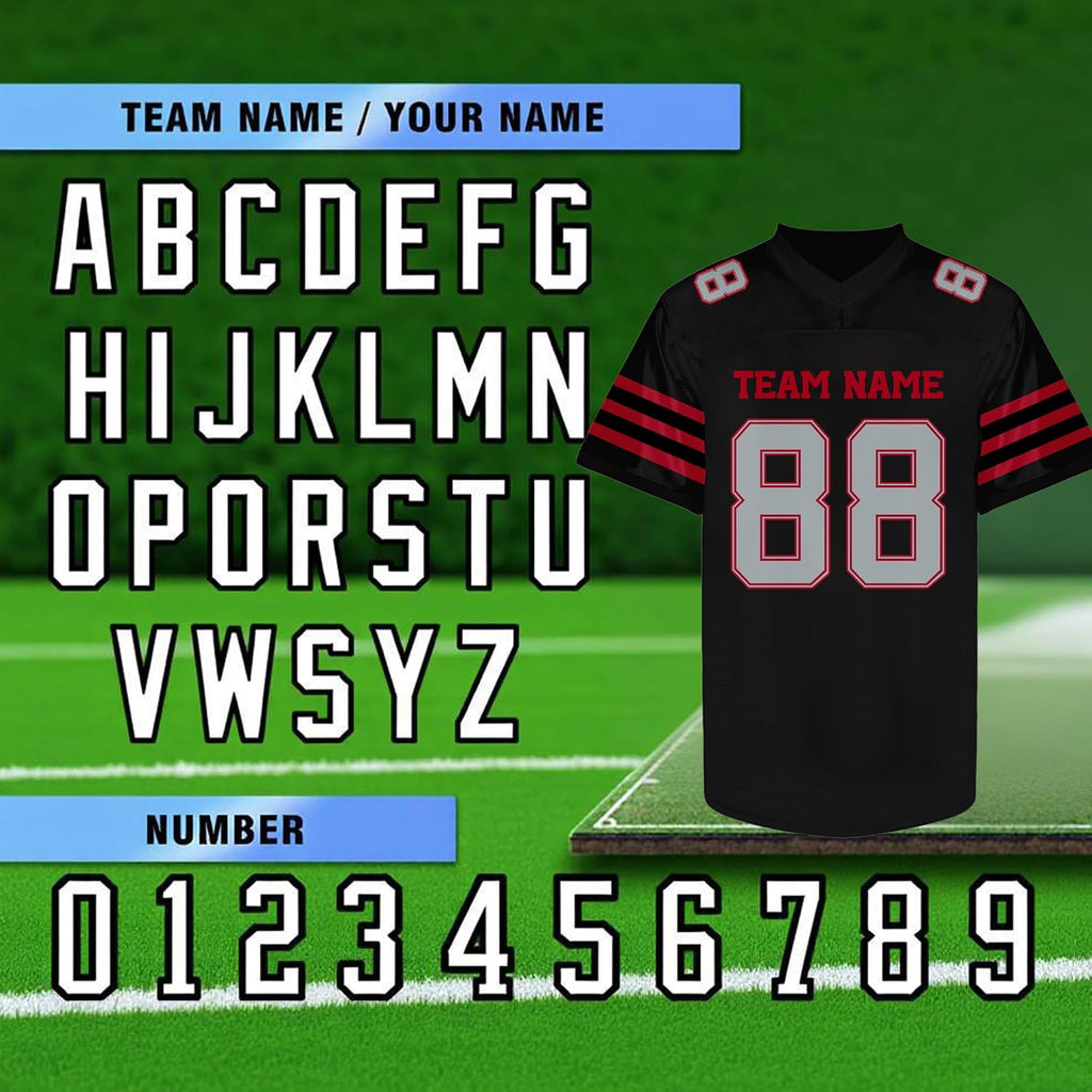 Custom Black Football Jersey with Red and Gray Triple Sleeve Stripes