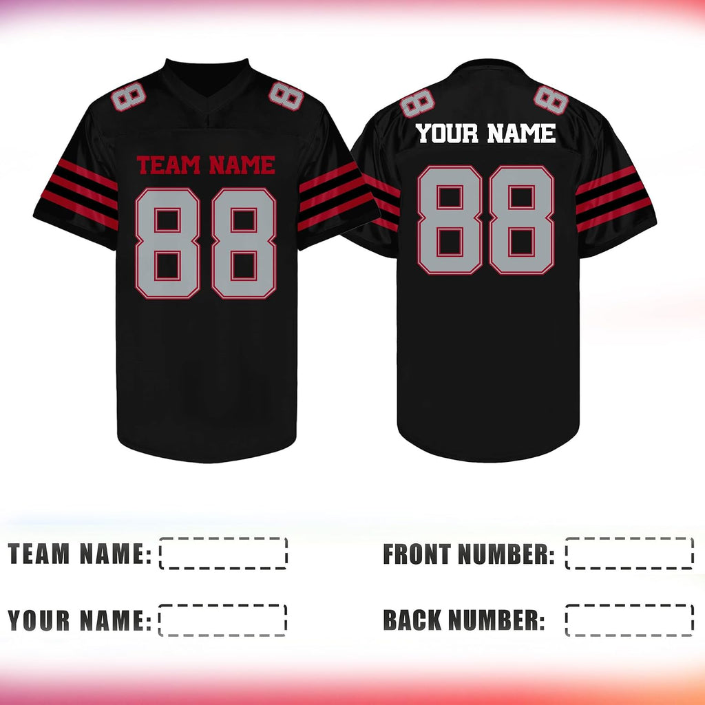 Custom Black Football Jersey with Red and Gray Triple Sleeve Stripes