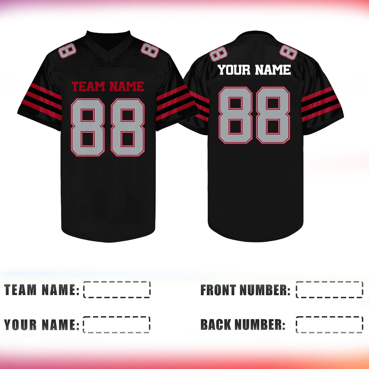 Custom Black Football Jersey with Red and Gray Triple Sleeve Stripes