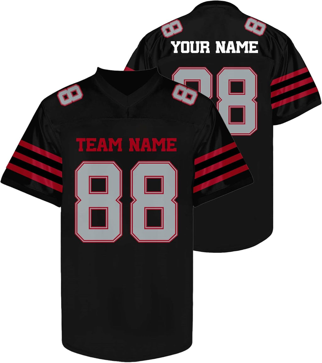 Custom Black Football Jersey with Red and Gray Triple Sleeve Stripes