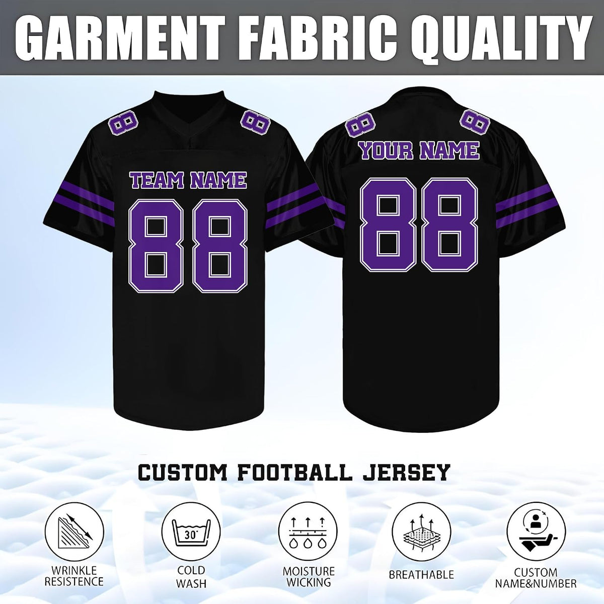 Custom Black Football Jersey with Purple Double Sleeve Stripes