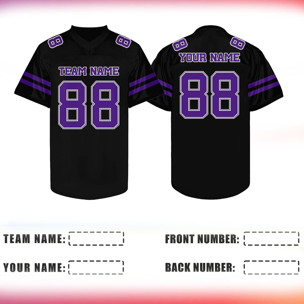 Custom Black Football Jersey with Purple Double Sleeve Stripes