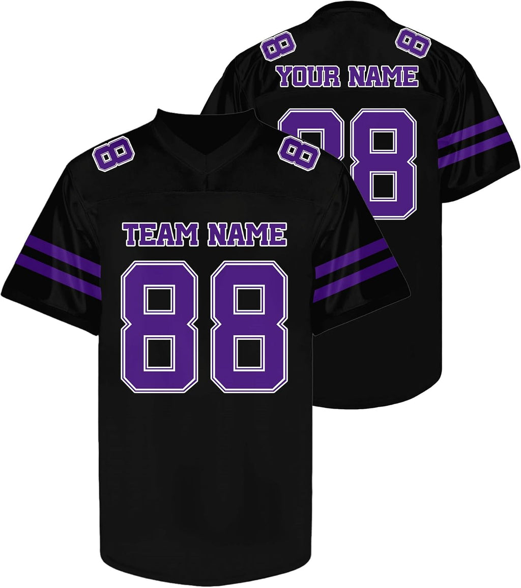 Custom Black Football Jersey with Purple Double Sleeve Stripes