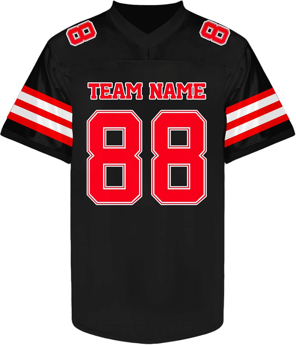 Custom Black and Red Football Jersey with Name and Number