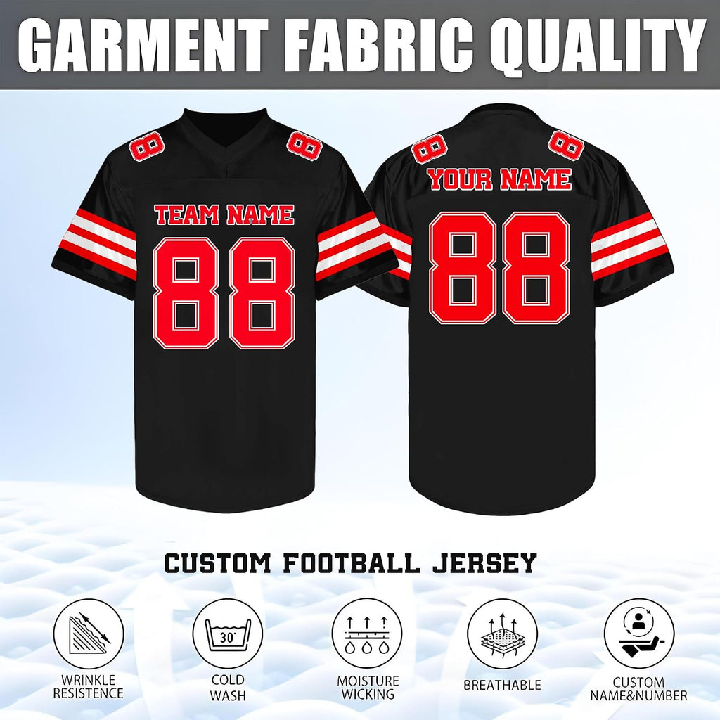 Custom Black and Red Football Jersey with Name and Number