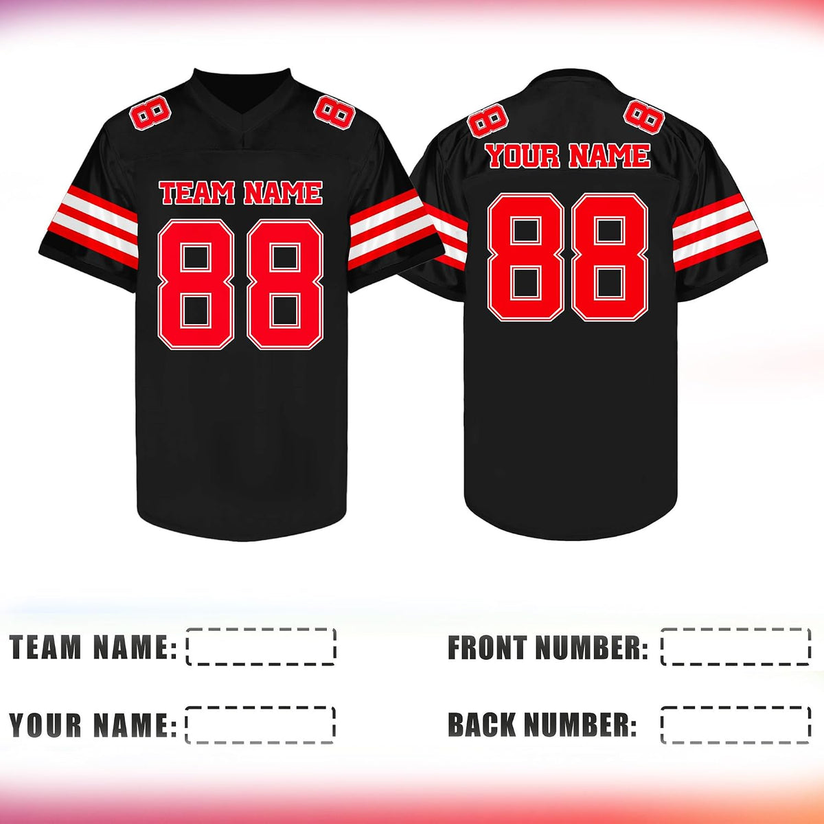 Custom Black and Red Football Jersey with Name and Number