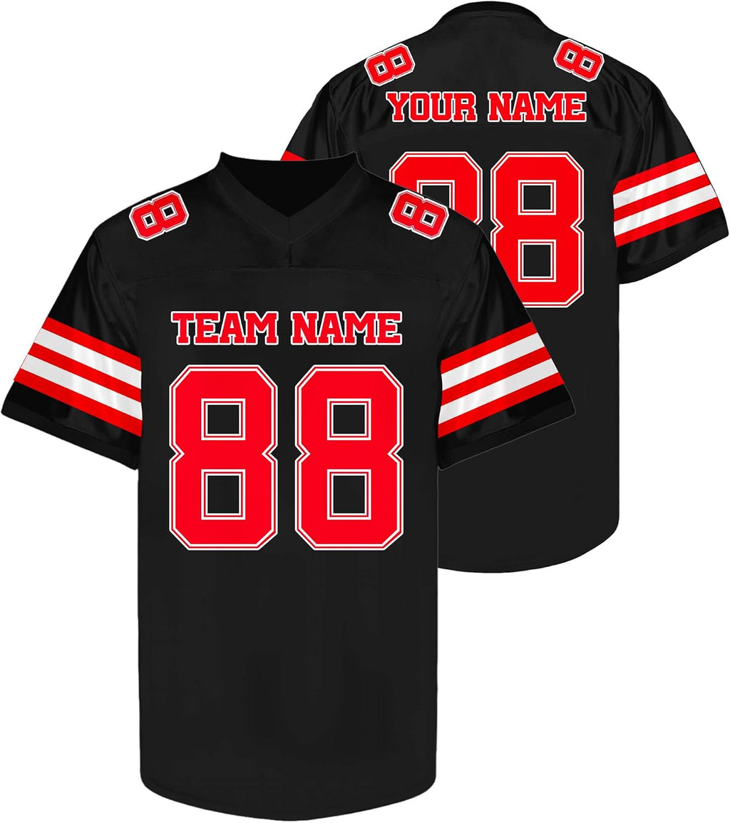 Custom Black and Red Football Jersey with Name and Number