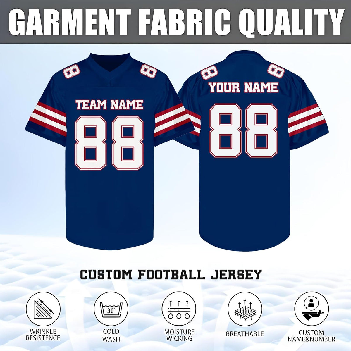Custom Navy Football Jersey with Red and White Triple Sleeve Stripes