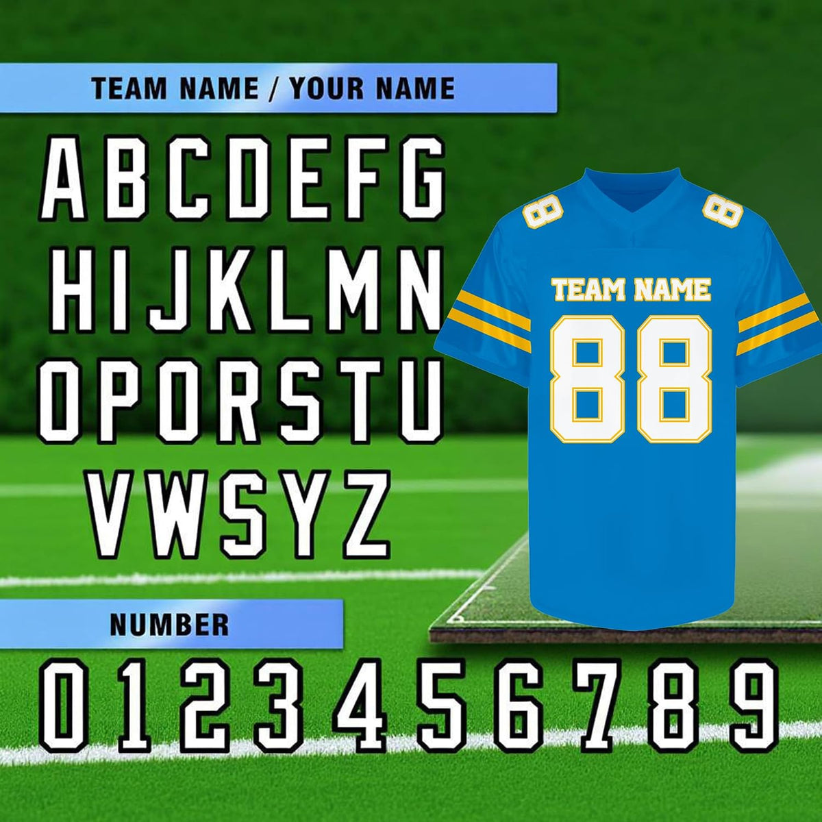 Custom Blue Football Jersey with Gold Double Sleeve Stripes